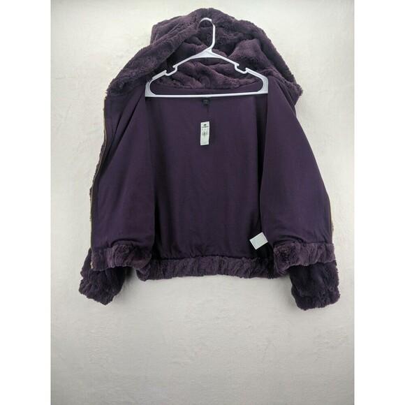 EXPRESS Faux Fur Hooded Deep Purple Teddy Jacket Sz Small w/ Gold Accents - Picture 2 of 14